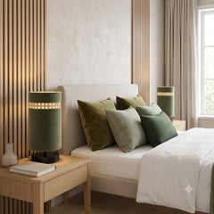 Olive Green Velvet Table Lamp with Rattan Cane Accent Band