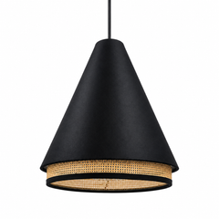 Conical Pendant Light with Rattan Trim, Matte Black