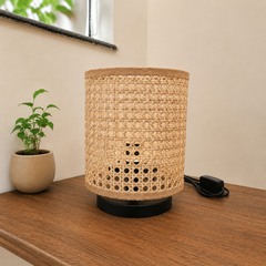 Rattan Woven Table Lamp with Black Metal Base, Boho Style
