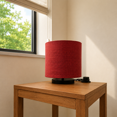 Red Fabric Drum Shade Table Lamp with Black Metal Base