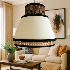 Rustic woven - Statement Lampshade with Printed and Pearl color Fabric and Rattan