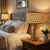 Innore-2-Tier Bedside Table Lamp | Geometric Cutwork Fabric Shade |Beige-Pearl white | SS Base