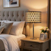 Innore-2-Tier Bedside Table Lamp | Geometric Cutwork Fabric Shade |Grey-Pearl white | SS Base