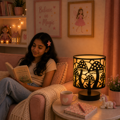 Innore-2-Tier Kids Table Lamp | Geometric Cutwork Fabric Shade |Grey-Pearl white Fabric | MS Base