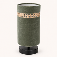 Olive Green Velvet Table Lamp with Rattan Cane Accent Band
