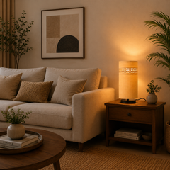 Beige Fabric Table Lamp with Rattan Cane Band,Metal Base