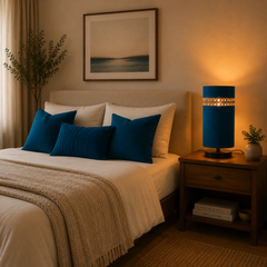 Blue Fabric Table Lamp with Rattan Cane Band, Black Metal Base