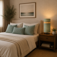 Sage Green Fabric Table Lamp with Rattan Band, Metal Base
