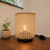 Rattan Woven Table Lamp with Black Metal Base, Boho Style