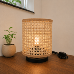 Rattan Woven Table Lamp with Black Metal Base, Boho Style