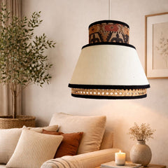Rustic woven - Statement Lampshade with Printed and Pearl color Fabric and Rattan