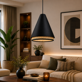 Conical Pendant Light with Rattan Trim, Matte Black