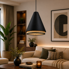 Conical Pendant Light with Rattan Trim, Matte Black