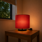 Red Fabric Drum Shade Table Lamp with Black Metal Base