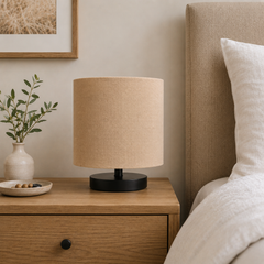 Bedside Table Lamp with Beige Linen Drum Shade and Black Metal Base