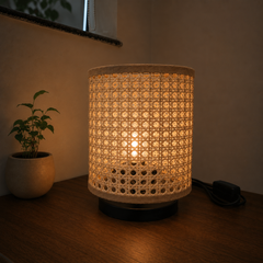 Rattan Woven Table Lamp with Black Metal Base, Boho Style