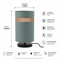 Sage Green Fabric Table Lamp with Rattan Band, Metal Base