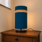 Blue Fabric Table Lamp with Rattan Cane Band, Black Metal Base