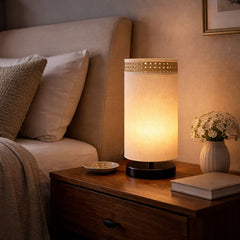 Natural Beige NightNest Table Lamp with Fabric and Rattan with Black Base
