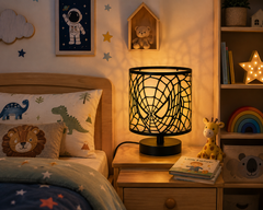 Innore-2-Tier Kids Table Lamp | Geometric Cutwork Fabric Shade |Grey-Pearl white Fabric | MS Base