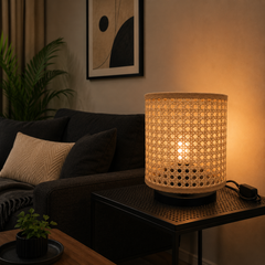Rattan Woven Table Lamp with Black Metal Base, Boho Style
