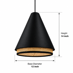 Conical Pendant Light with Rattan Trim, Matte Black