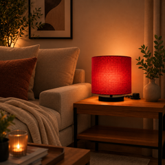 Red Fabric Drum Shade Table Lamp with Black Metal Base