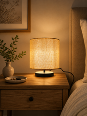 Bedside Table Lamp with Beige Linen Drum Shade and Black Metal Base
