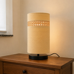 Beige Fabric Table Lamp with Rattan Cane Band,Metal Base