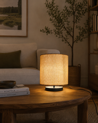 Bedside Table Lamp with Beige Linen Drum Shade and Black Metal Base