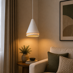 Conical Pendant Light with Rattan Weave Band, White
