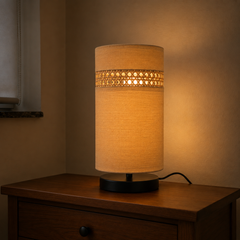 Beige Fabric Table Lamp with Rattan Cane Band,Metal Base