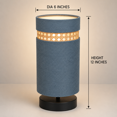 Teal Blue Velvet Table Lamp with Rattan Cane Accent Band