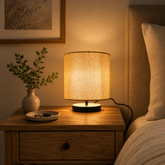Bedside Table Lamp with Beige Linen Drum Shade and Black Metal Base