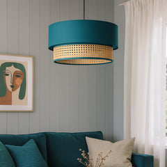 Dual Tier Rattan & Fabric Ceiling Lamp with Suspension Arrangement