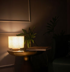 Table Lamp with Teak Wood Base and Pearl White Fabric