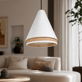 Conical Pendant Light with Rattan Weave Band, White