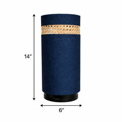 Blue NightNest Table Lamp with Fabric and Rattan with Black Base