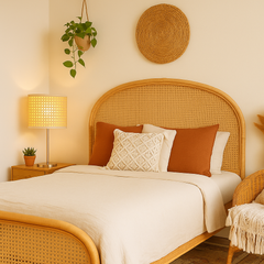 2 Tier Table Lamp with SS Base and Natural Rattan and fabric Shade