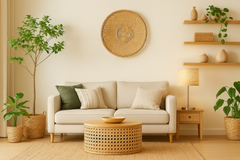 2 Tier Table Lamp with SS Base and Natural Rattan and fabric Shade