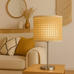 2 Tier Table Lamp with SS Base and Natural Rattan and fabric Shade