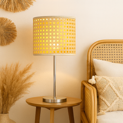 2 Tier Table Lamp with SS Base and Natural Rattan and fabric Shade