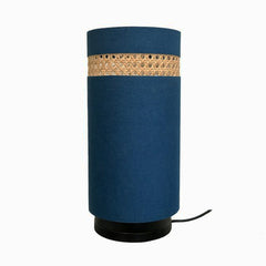 Blue NightNest Table Lamp with Fabric and Rattan with Black Base