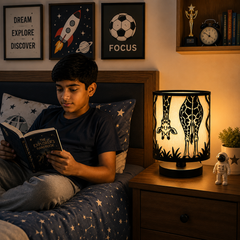 Innore-2-Tier Kids Table Lamp | Geometric Cutwork Fabric Shade |Grey-Pearl white Fabric | MS Base
