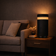 Coal Ember - Table Lamp with Fabric and Rattan with Black Base