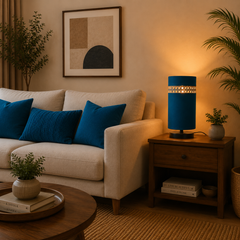 Blue Fabric Table Lamp with Rattan Cane Band, Black Metal Base