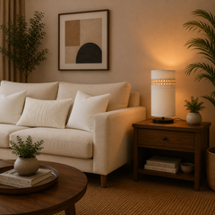 White Fabric Table Lamp with Rattan Shade Band, Metal Base