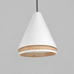 Conical Pendant Light with Rattan Weave Band, White