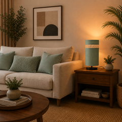 Sage Green Fabric Table Lamp with Rattan Band, Metal Base