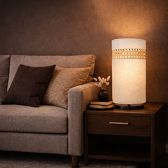 White NightNest Table Lamp with Fabric and Rattan with Black Base